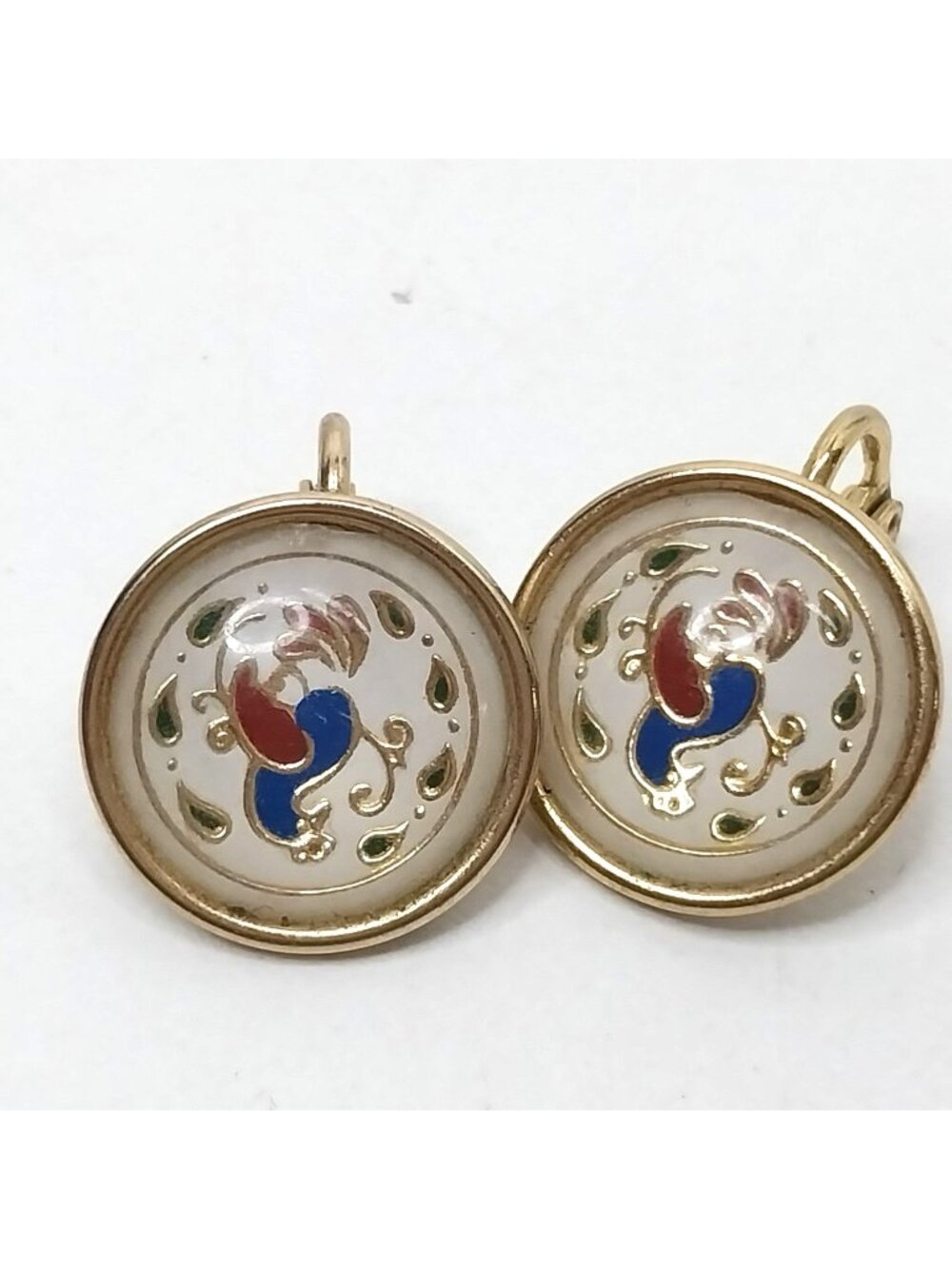 Vintage Clip-On Earrings Reverse Painted Glass Folk Art Birds Gold-Tone Enamel